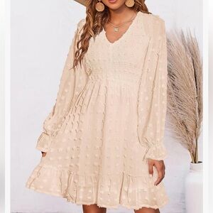 Smocked V-Neck Long Sleeve Dress in Cream